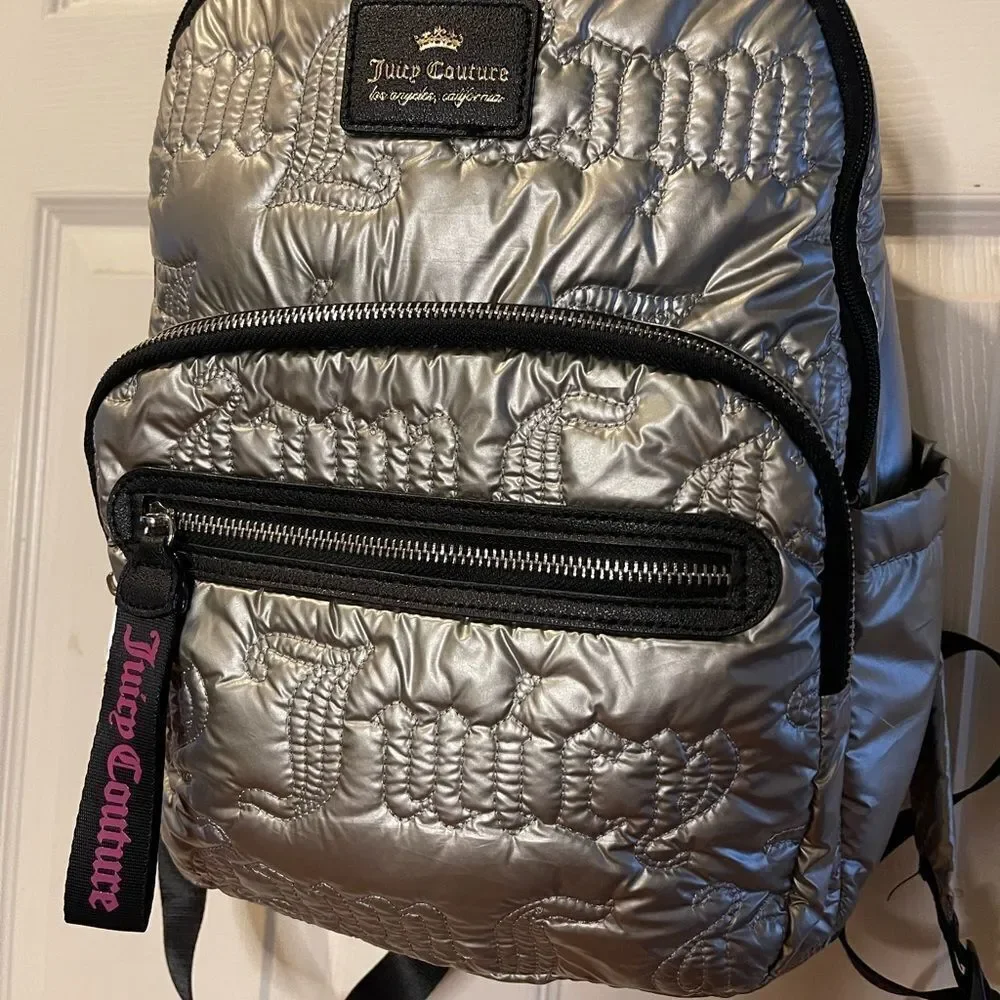 Juicy Couture Metallic quilted silver Backpack with black trim. - Picture 12 of 16